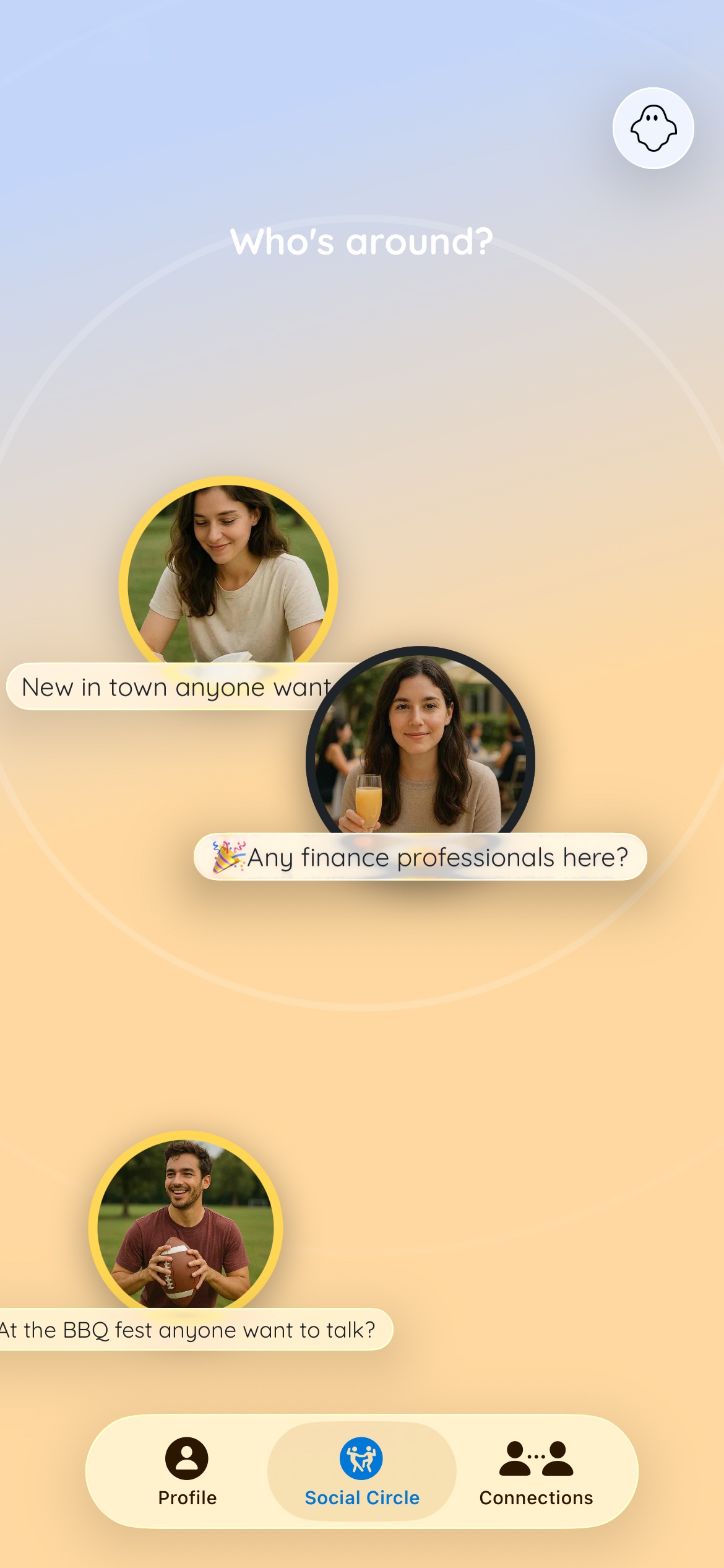 Pulzzy's Social Circle screen, showing people nearby at an event and their conversation prompts